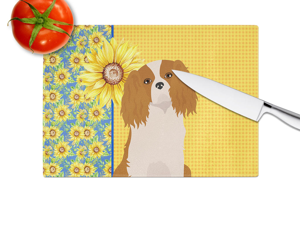 Summer Sunflowers Blenheim Cavalier Spaniel Cutting Board Tempered Glass Kitchen Cutting Surface, Heat Resistant Chopping, Non-Slip Feet, Food Prep & Serving