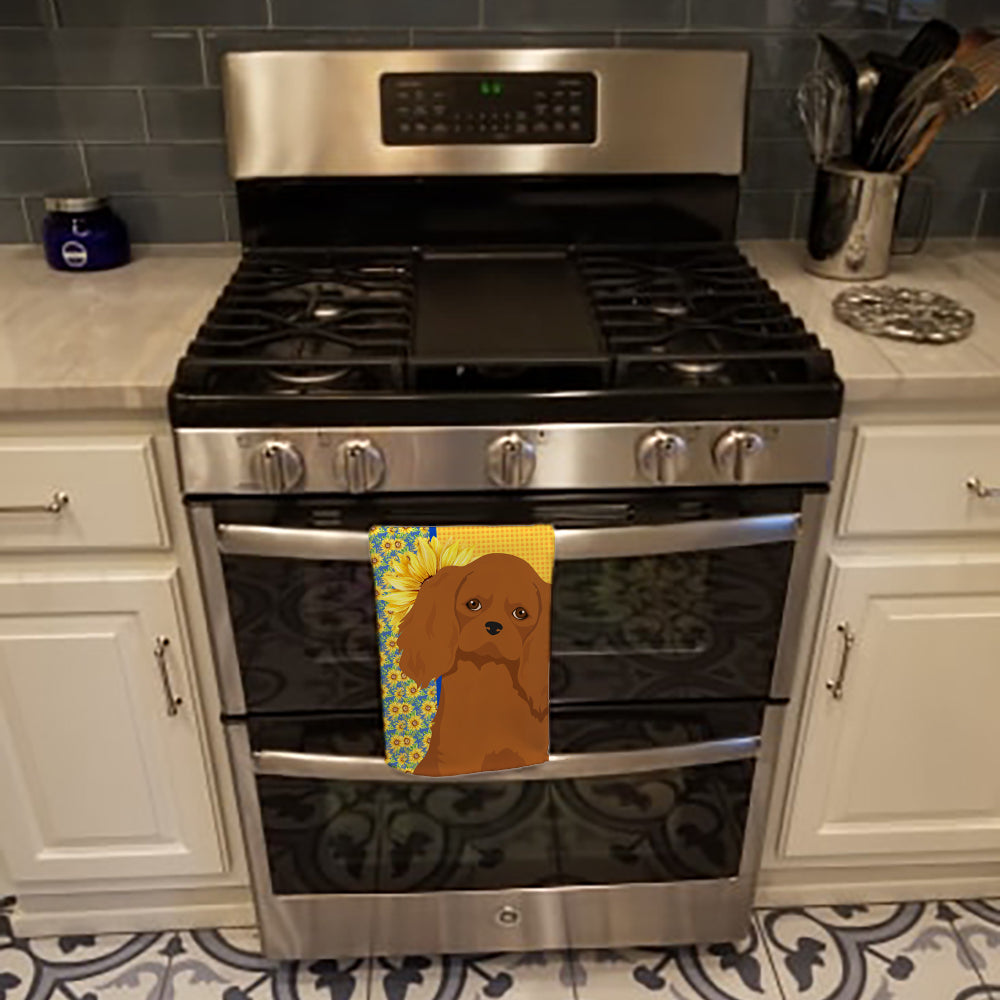 Summer Sunflowers Ruby Cavalier Spaniel Kitchen Towel Velour Plush Front and Cotton Loop Back Machine Washable