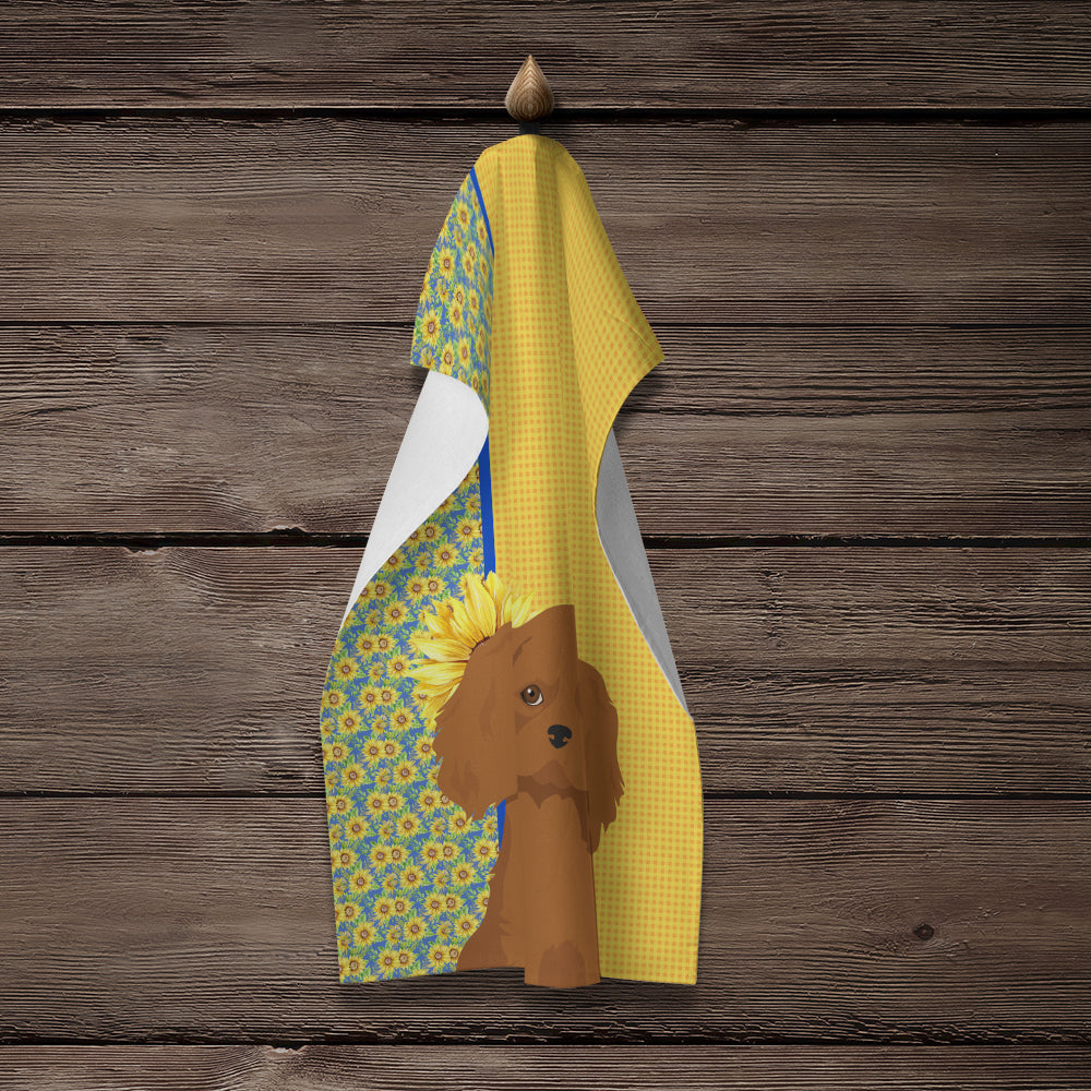Summer Sunflowers Ruby Cavalier Spaniel Kitchen Towel Velour Plush Front and Cotton Loop Back Machine Washable
