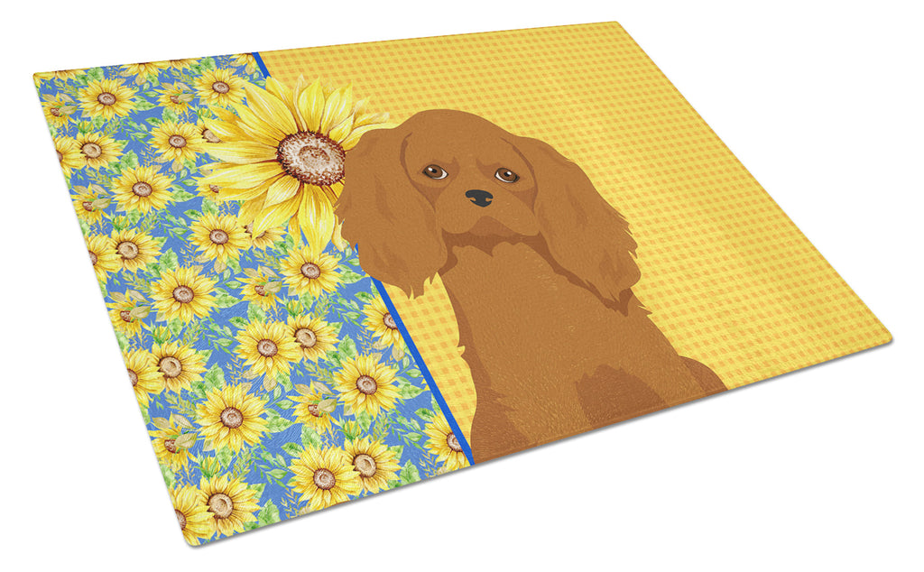 Summer Sunflowers Ruby Cavalier Spaniel Cutting Board Tempered Glass Kitchen Cutting Surface, Heat Resistant Chopping, Non-Slip Feet, Food Prep & Serving