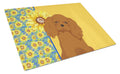 Summer Sunflowers Ruby Cavalier Spaniel Cutting Board Tempered Glass Kitchen Cutting Surface, Heat Resistant Chopping, Non-Slip Feet, Food Prep & Serving