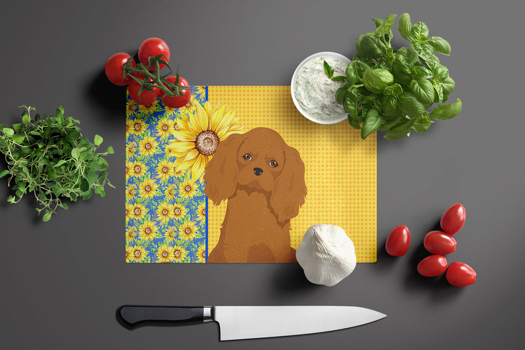 Summer Sunflowers Ruby Cavalier Spaniel Cutting Board Tempered Glass Kitchen Cutting Surface, Heat Resistant Chopping, Non-Slip Feet, Food Prep & Serving