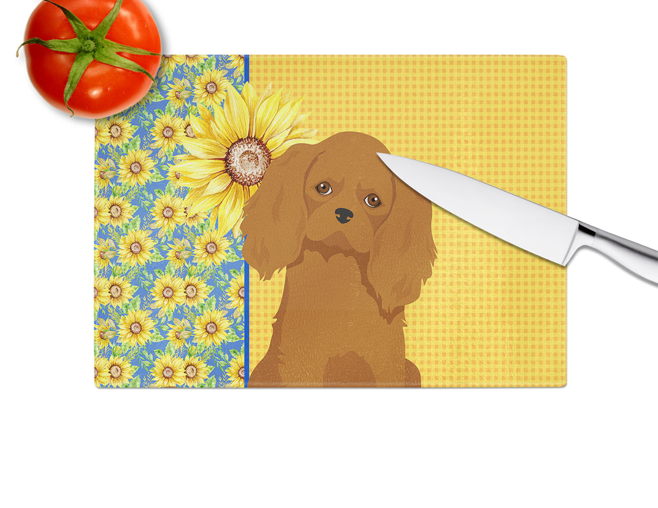 Summer Sunflowers Ruby Cavalier Spaniel Cutting Board Tempered Glass Kitchen Cutting Surface, Heat Resistant Chopping, Non-Slip Feet, Food Prep & Serving