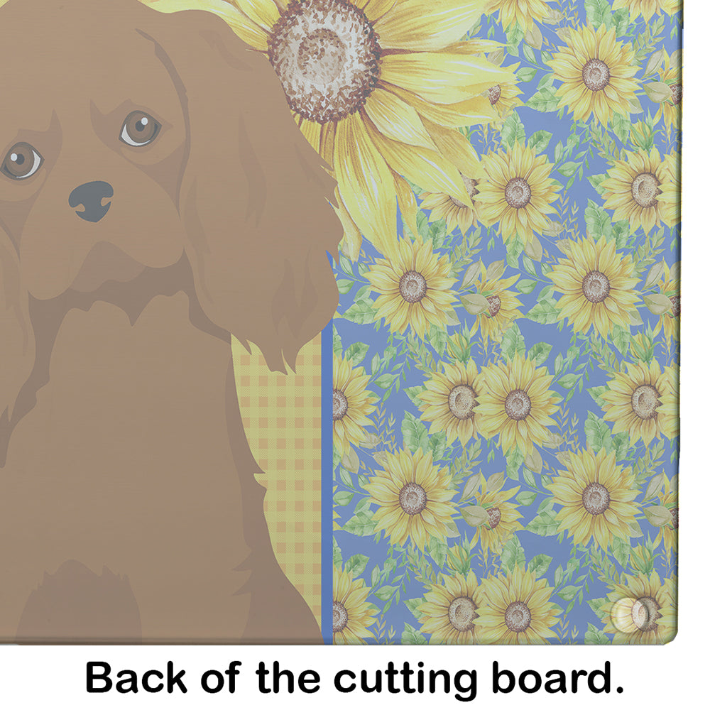 Summer Sunflowers Ruby Cavalier Spaniel Cutting Board Tempered Glass Kitchen Cutting Surface, Heat Resistant Chopping, Non-Slip Feet, Food Prep & Serving