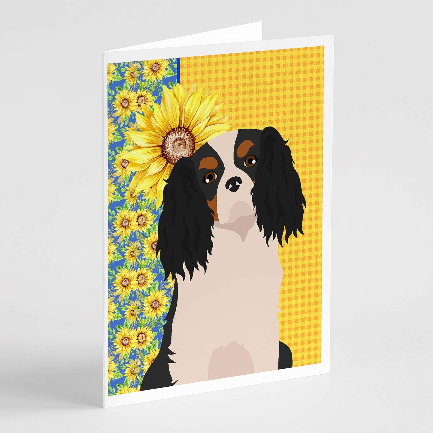Summer Sunflowers Tricolor Cavalier Spaniel Greeting Cards Pack of 8 Blank Cards with Envelopes Whimsical A7 Size 5x7