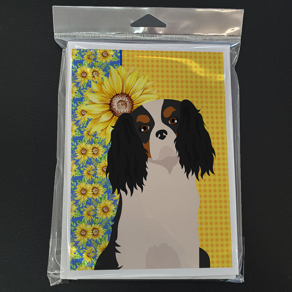 Summer Sunflowers Tricolor Cavalier Spaniel Greeting Cards Pack of 8 Blank Cards with Envelopes Whimsical A7 Size 5x7