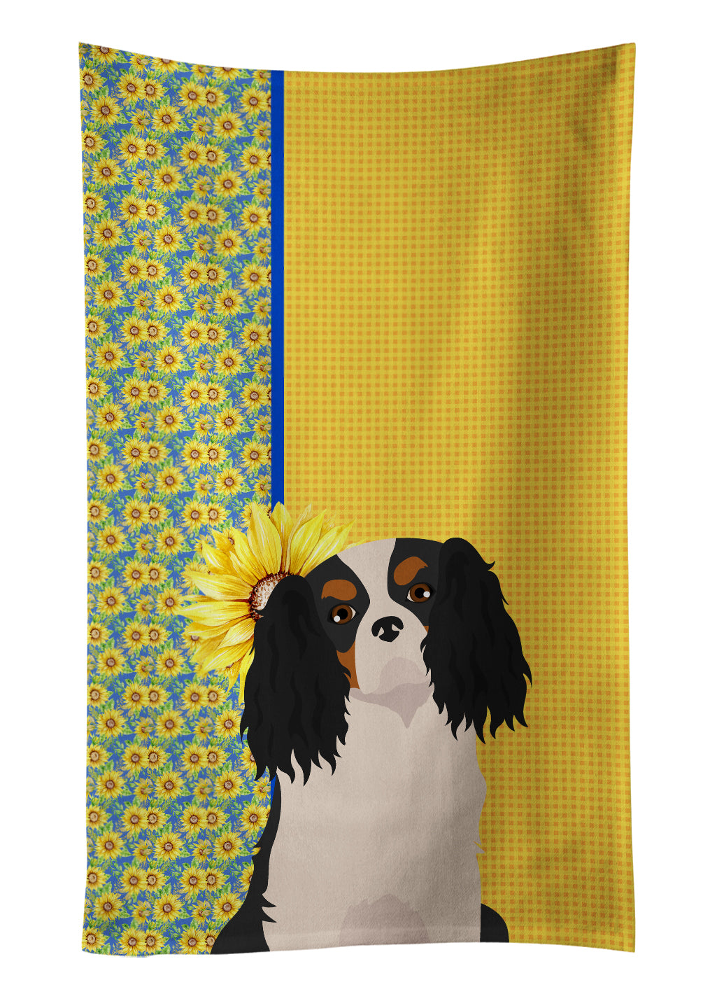 Summer Sunflowers Tricolor Cavalier Spaniel Kitchen Towel Velour Plush Front and Cotton Loop Back Machine Washable