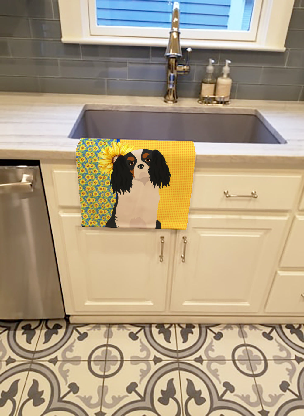 Summer Sunflowers Tricolor Cavalier Spaniel Kitchen Towel Velour Plush Front and Cotton Loop Back Machine Washable