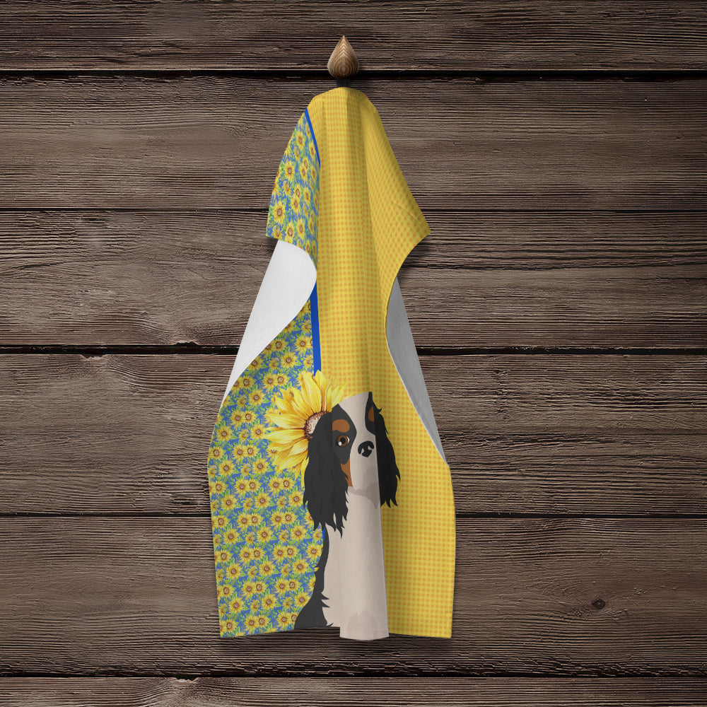 Summer Sunflowers Tricolor Cavalier Spaniel Kitchen Towel Velour Plush Front and Cotton Loop Back Machine Washable