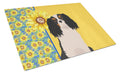 Summer Sunflowers Tricolor Cavalier Spaniel Cutting Board Tempered Glass Kitchen Cutting Surface, Heat Resistant Chopping, Non-Slip Feet, Food Prep & Serving