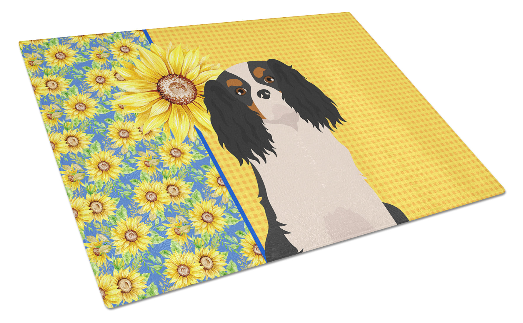 Summer Sunflowers Tricolor Cavalier Spaniel Cutting Board Tempered Glass Kitchen Cutting Surface, Heat Resistant Chopping, Non-Slip Feet, Food Prep & Serving