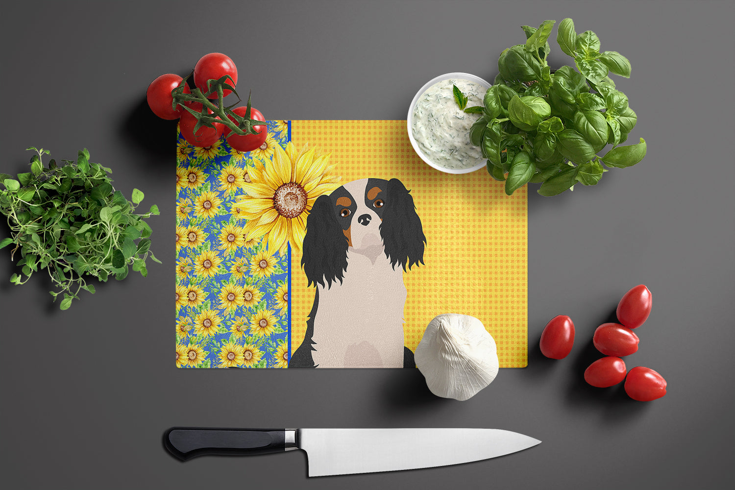 Summer Sunflowers Tricolor Cavalier Spaniel Cutting Board Tempered Glass Kitchen Cutting Surface, Heat Resistant Chopping, Non-Slip Feet, Food Prep & Serving