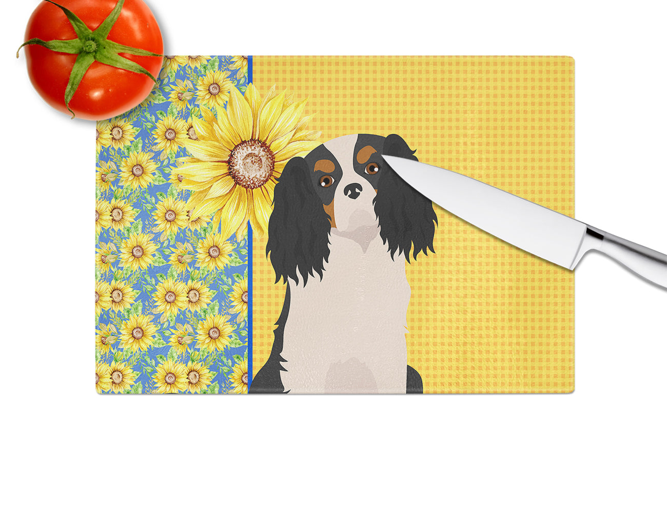 Summer Sunflowers Tricolor Cavalier Spaniel Cutting Board Tempered Glass Kitchen Cutting Surface, Heat Resistant Chopping, Non-Slip Feet, Food Prep & Serving