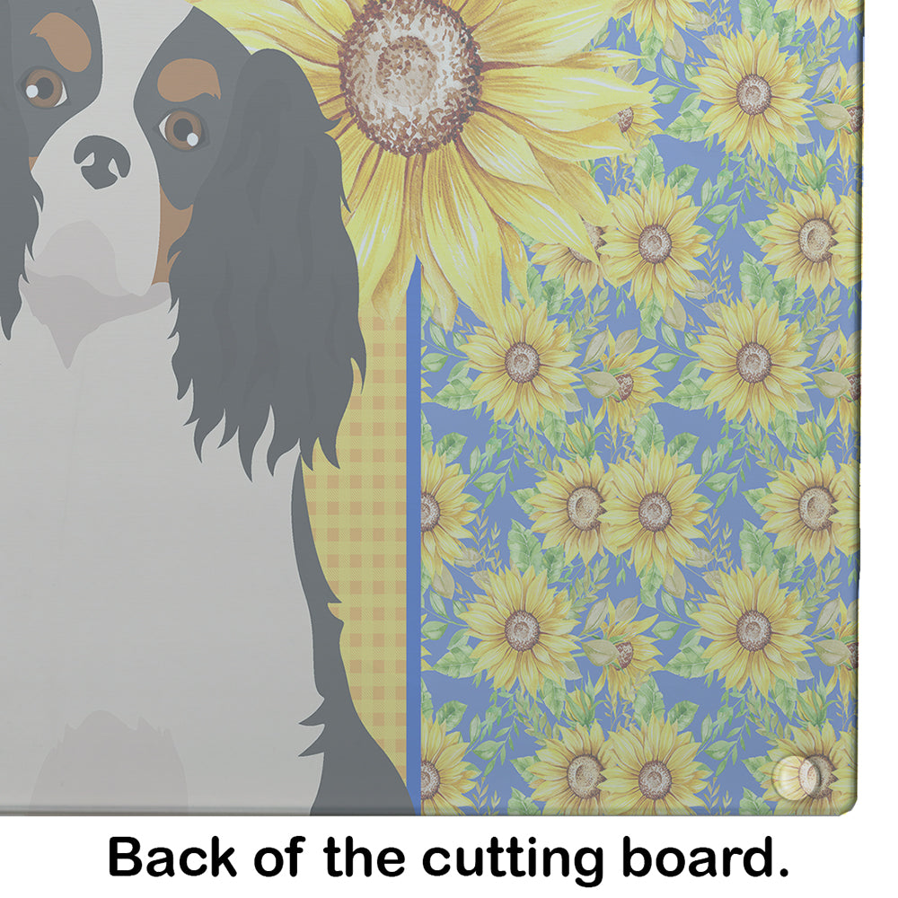 Summer Sunflowers Tricolor Cavalier Spaniel Cutting Board Tempered Glass Kitchen Cutting Surface, Heat Resistant Chopping, Non-Slip Feet, Food Prep & Serving