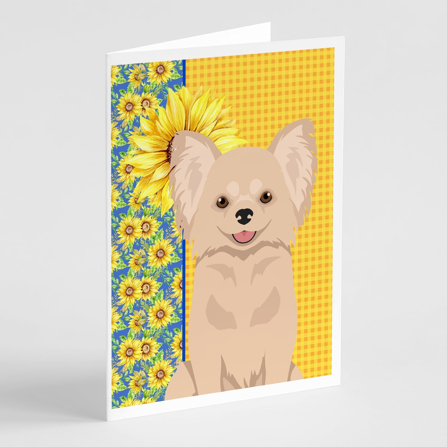 Summer Sunflowers Longhaired Cream Chihuahua Greeting Cards Pack of 8 Blank Cards with Envelopes Whimsical A7 Size 5x7