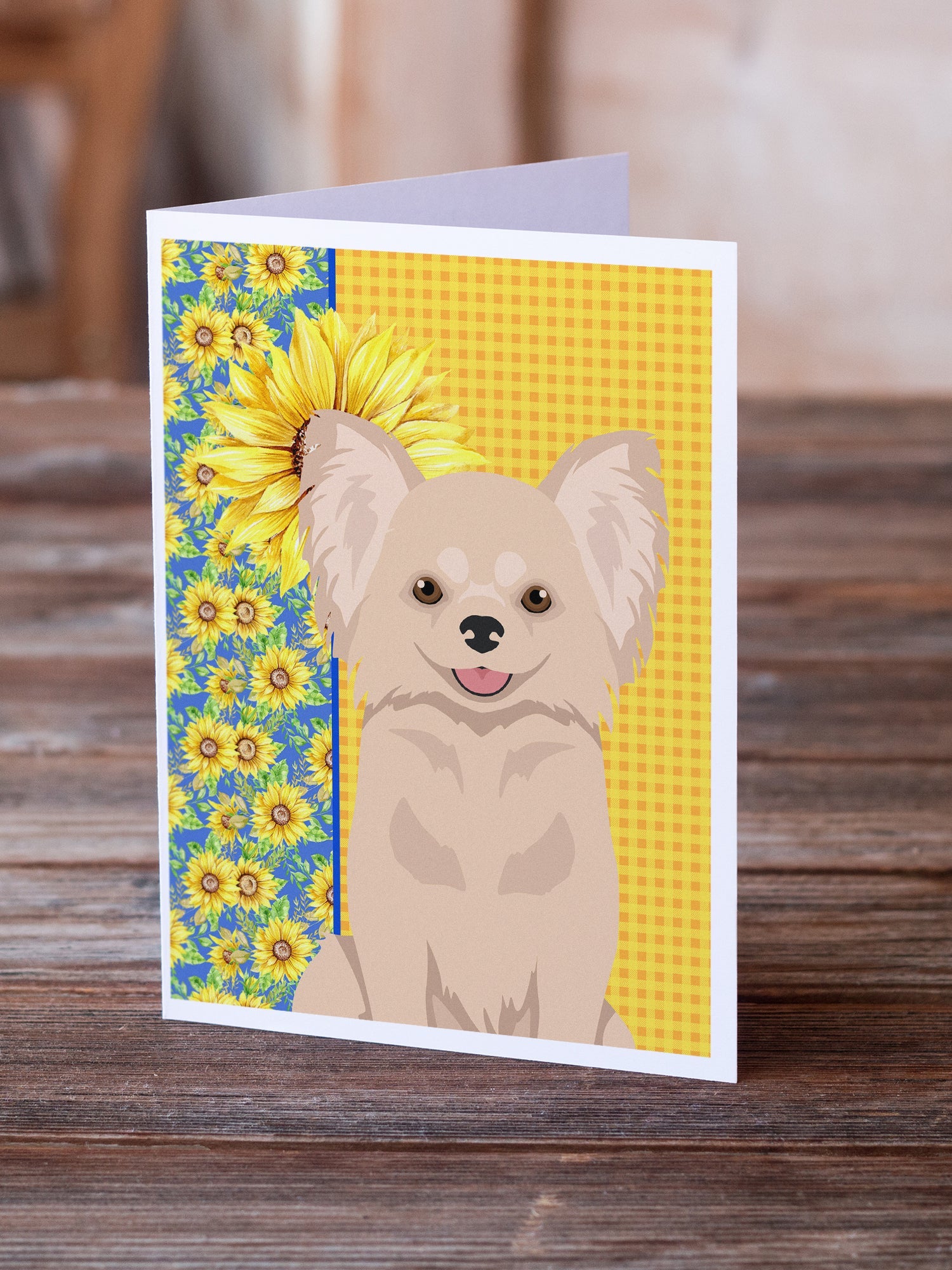 Summer Sunflowers Longhaired Cream Chihuahua Greeting Cards Pack of 8 Blank Cards with Envelopes Whimsical A7 Size 5x7
