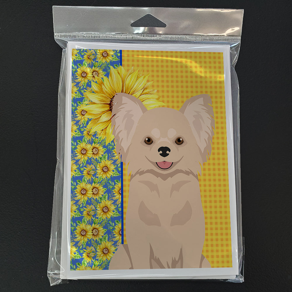Summer Sunflowers Longhaired Cream Chihuahua Greeting Cards Pack of 8 Blank Cards with Envelopes Whimsical A7 Size 5x7