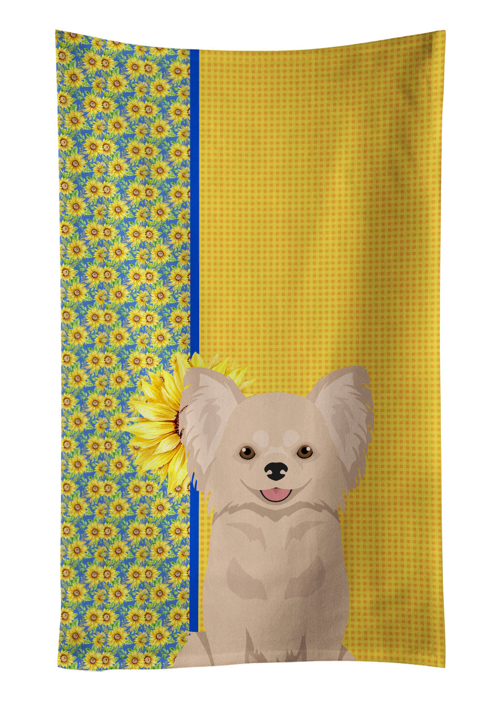 Summer Sunflowers Longhaired Cream Chihuahua Kitchen Towel Velour Plush Front and Cotton Loop Back Machine Washable