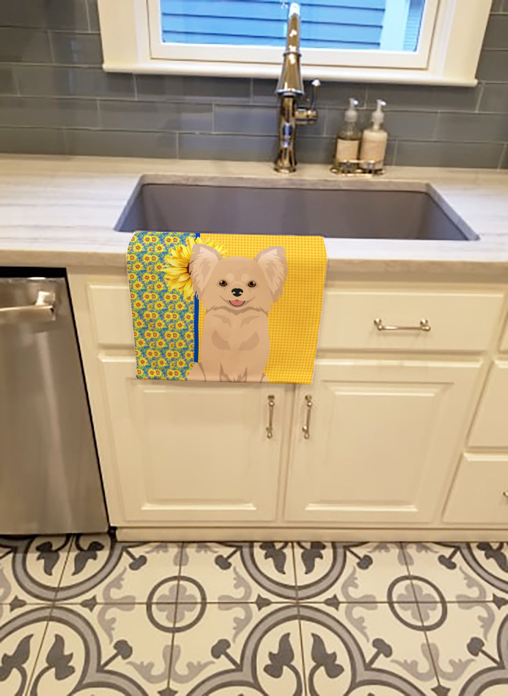 Summer Sunflowers Longhaired Cream Chihuahua Kitchen Towel Velour Plush Front and Cotton Loop Back Machine Washable