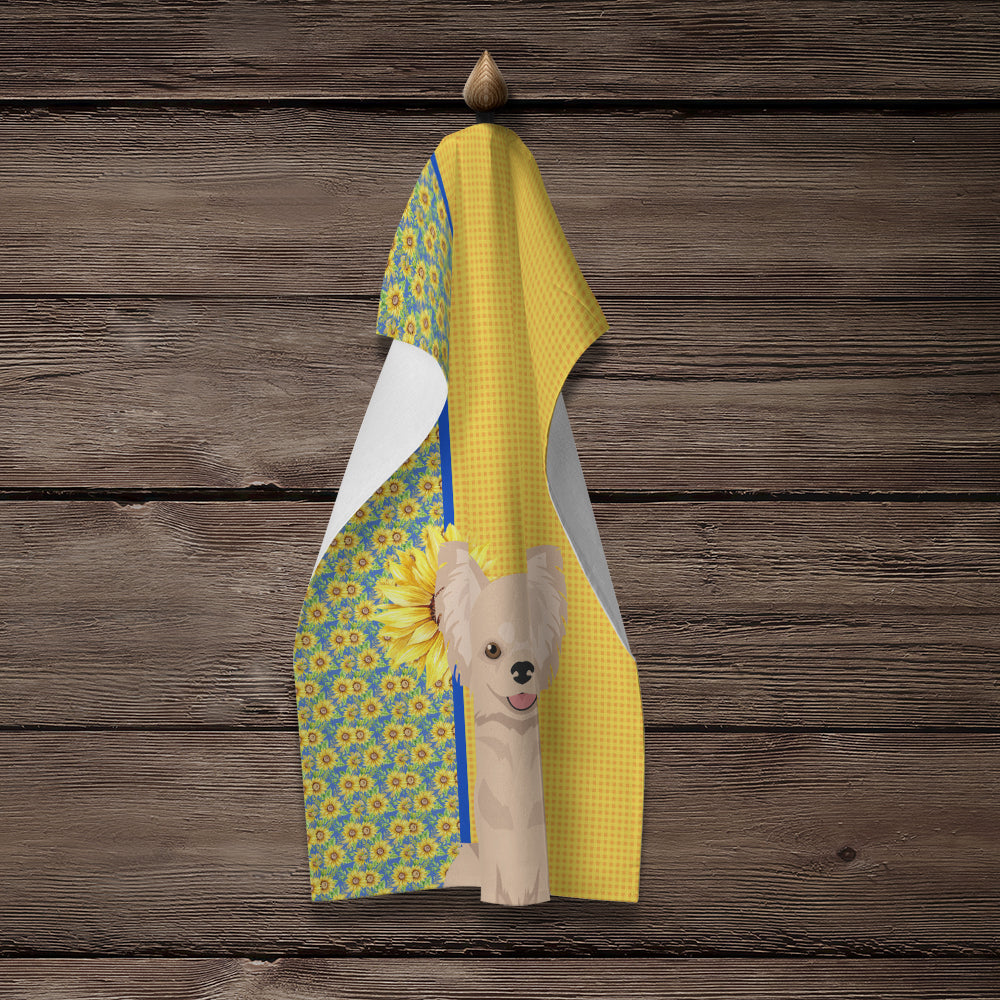 Summer Sunflowers Longhaired Cream Chihuahua Kitchen Towel Velour Plush Front and Cotton Loop Back Machine Washable