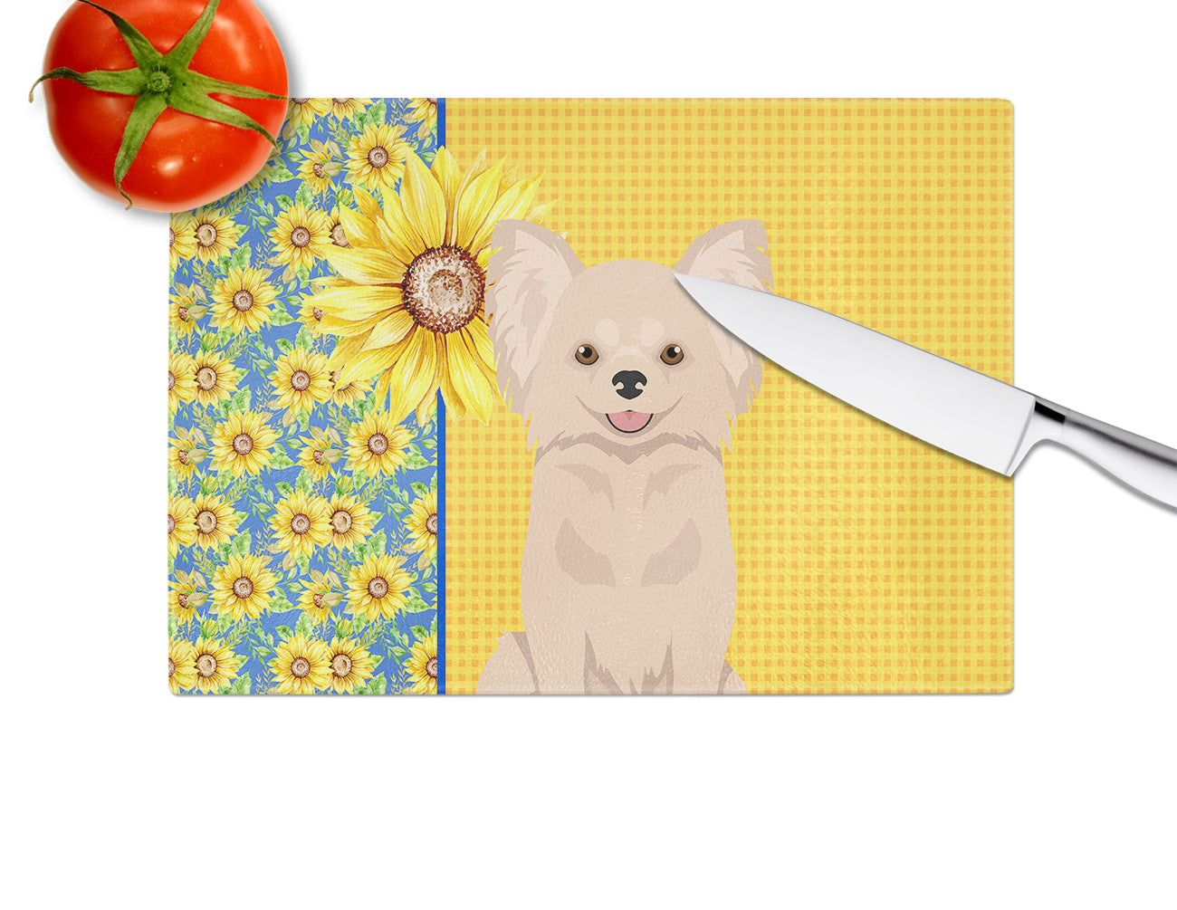Summer Sunflowers Longhaired Cream Chihuahua Cutting Board Tempered Glass Kitchen Cutting Surface, Heat Resistant Chopping, Non-Slip Feet, Food Prep & Serving