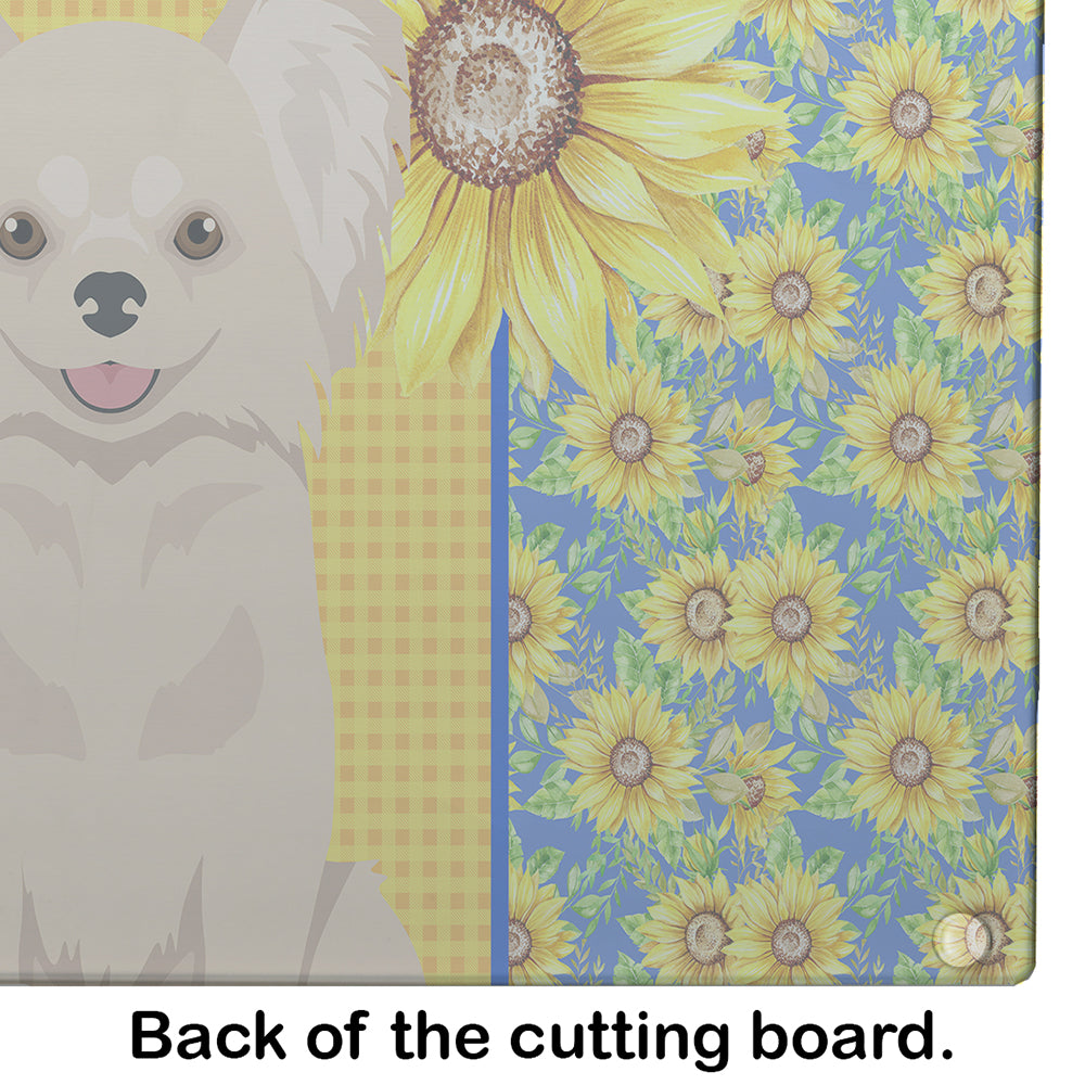 Summer Sunflowers Longhaired Cream Chihuahua Cutting Board Tempered Glass Kitchen Cutting Surface, Heat Resistant Chopping, Non-Slip Feet, Food Prep & Serving