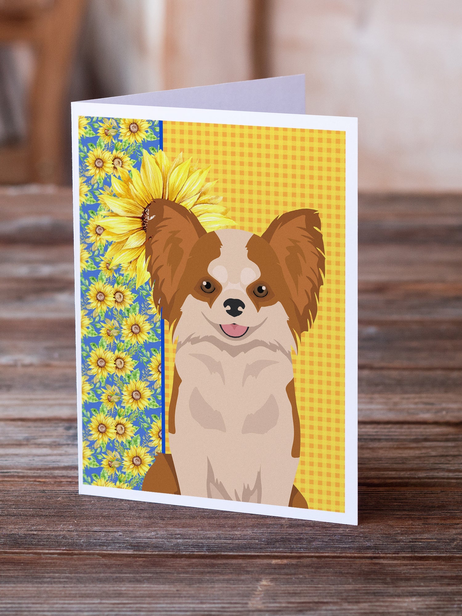 Summer Sunflowers Longhaired Red and White Chihuahua Greeting Cards Pack of 8 Blank Cards with Envelopes Whimsical A7 Size 5x7