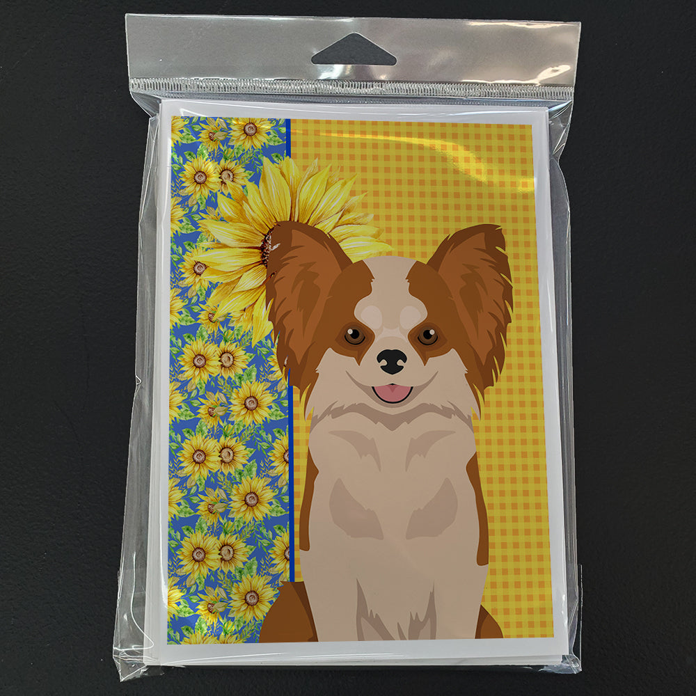 Summer Sunflowers Longhaired Red and White Chihuahua Greeting Cards Pack of 8 Blank Cards with Envelopes Whimsical A7 Size 5x7