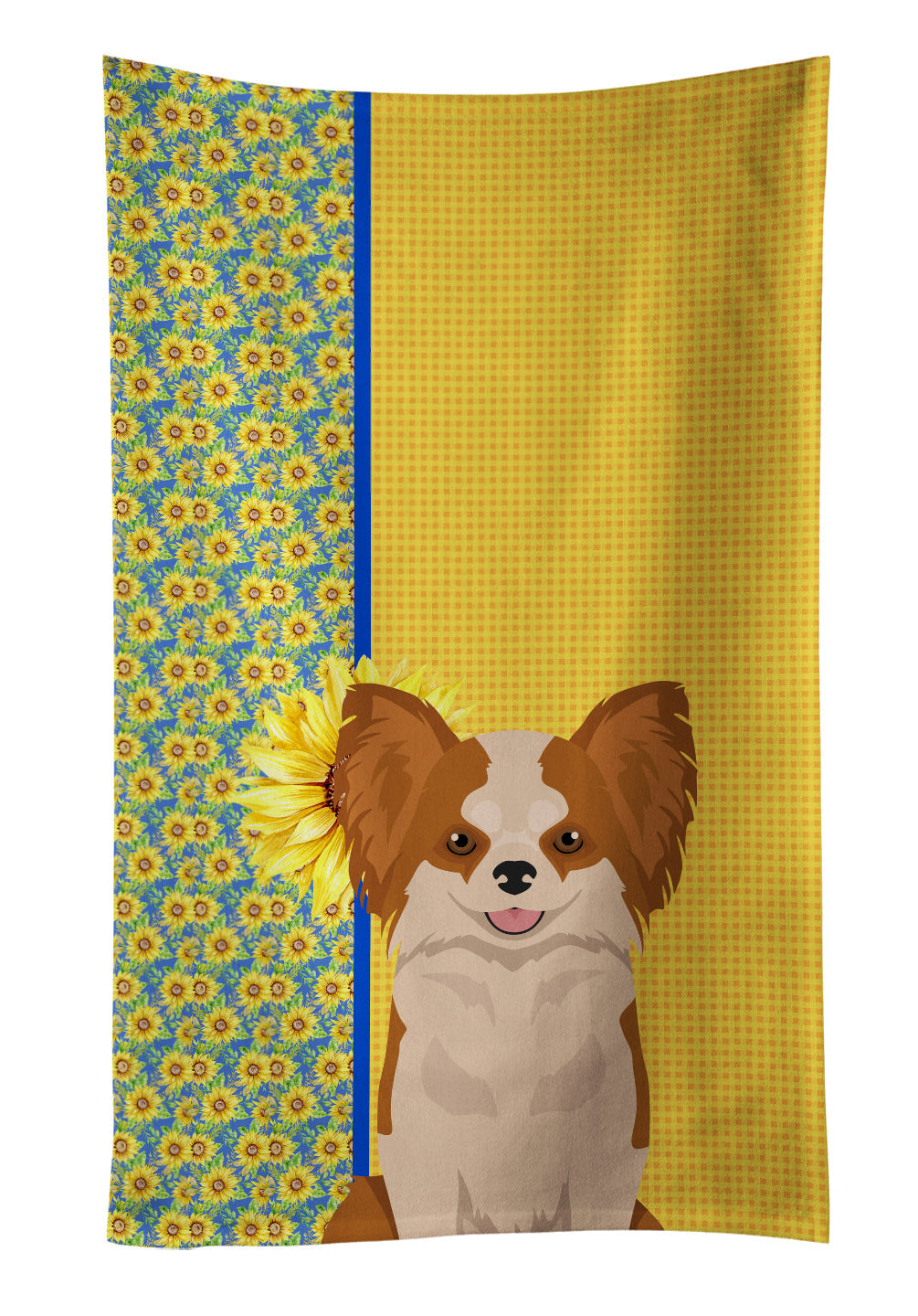 Summer Sunflowers Longhaired Red and White Chihuahua Kitchen Towel Velour Plush Front and Cotton Loop Back Machine Washable