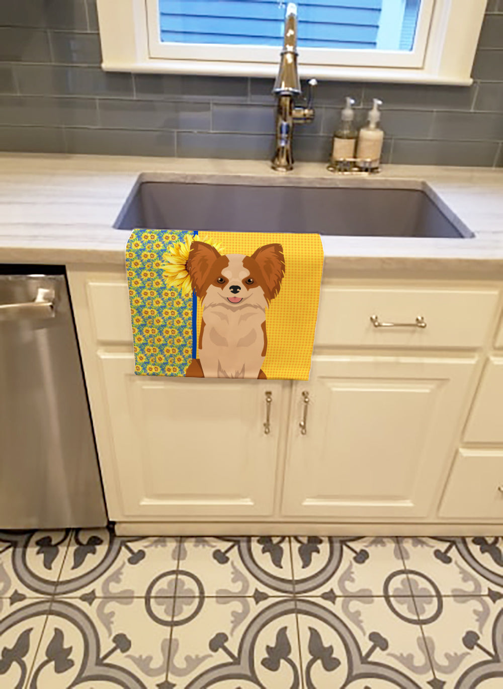 Summer Sunflowers Longhaired Red and White Chihuahua Kitchen Towel Velour Plush Front and Cotton Loop Back Machine Washable