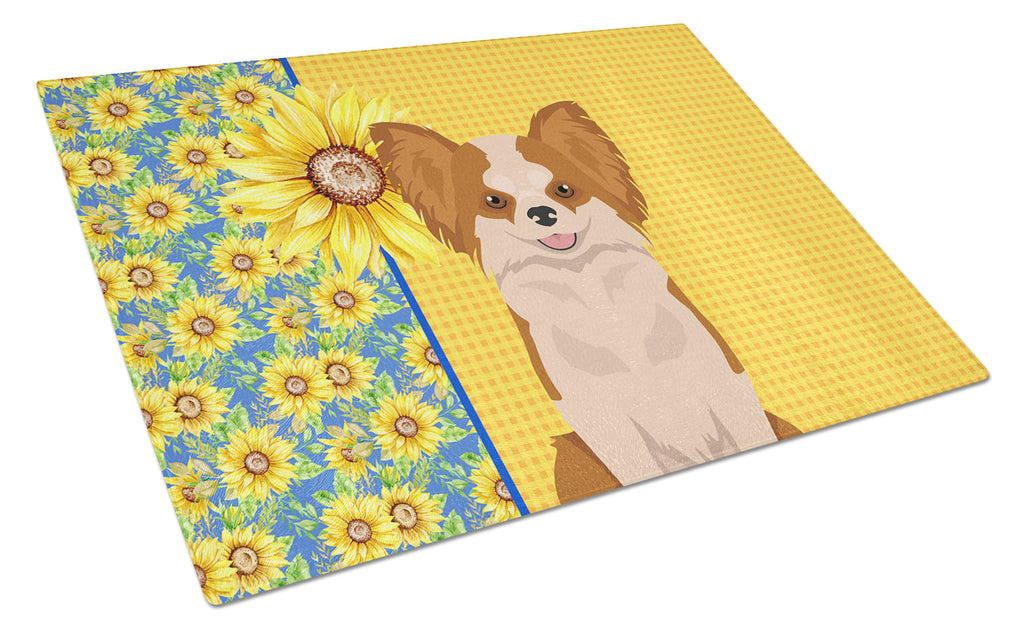 Summer Sunflowers Longhaired Red and White Chihuahua Cutting Board Tempered Glass Kitchen Cutting Surface, Heat Resistant Chopping, Non-Slip Feet, Food Prep & Serving