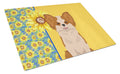 Summer Sunflowers Longhaired Red and White Chihuahua Cutting Board Tempered Glass Kitchen Cutting Surface, Heat Resistant Chopping, Non-Slip Feet, Food Prep & Serving