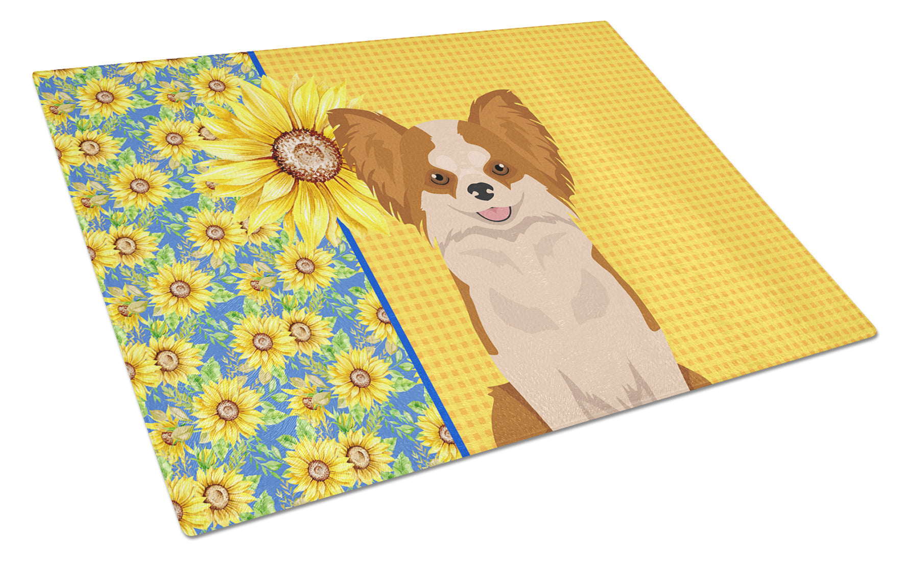Summer Sunflowers Longhaired Red and White Chihuahua Cutting Board Tempered Glass Kitchen Cutting Surface, Heat Resistant Chopping, Non-Slip Feet, Food Prep & Serving