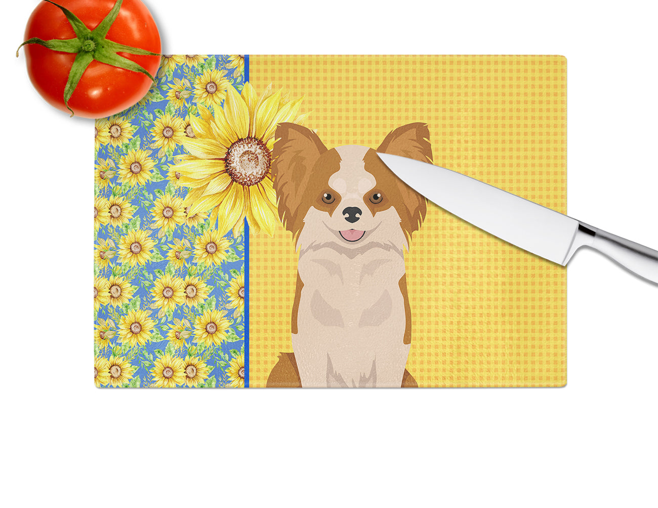 Summer Sunflowers Longhaired Red and White Chihuahua Cutting Board Tempered Glass Kitchen Cutting Surface, Heat Resistant Chopping, Non-Slip Feet, Food Prep & Serving