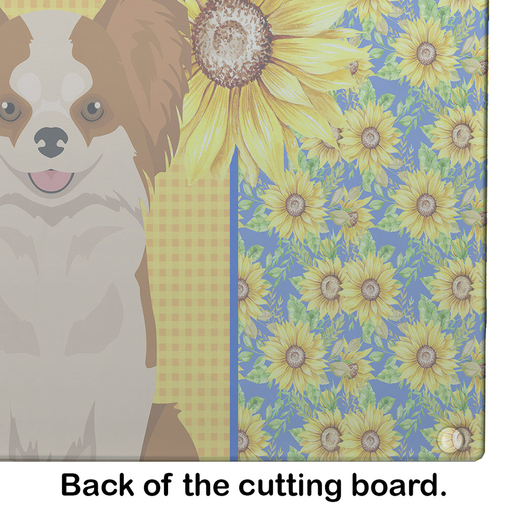 Summer Sunflowers Longhaired Red and White Chihuahua Cutting Board Tempered Glass Kitchen Cutting Surface, Heat Resistant Chopping, Non-Slip Feet, Food Prep & Serving