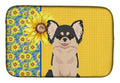 Summer Sunflowers Longhaired Black and White Chihuahua Dish Drying Mat Absorbent Dish Drying Mat Pad for Kitchen Counter Dish Drainer Mat for Countertop, 14 x 21", Multicolor