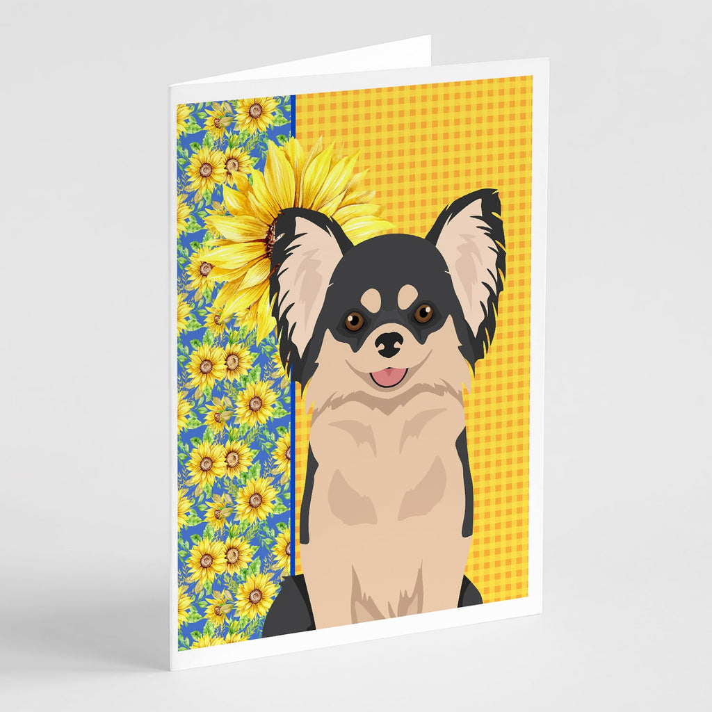 Summer Sunflowers Longhaired Black and White Chihuahua Greeting Cards Pack of 8 Blank Cards with Envelopes Whimsical A7 Size 5x7