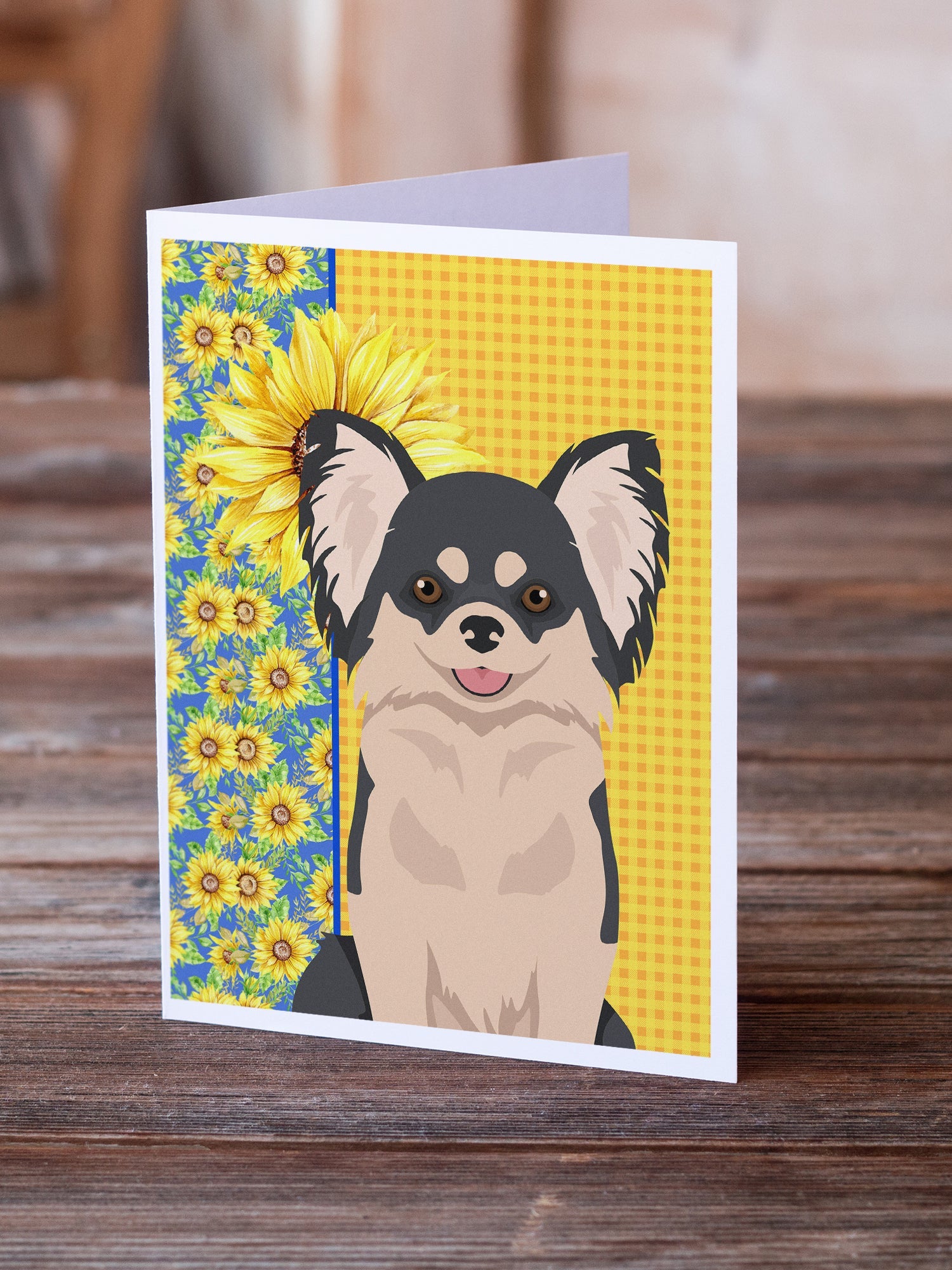 Summer Sunflowers Longhaired Black and White Chihuahua Greeting Cards Pack of 8 Blank Cards with Envelopes Whimsical A7 Size 5x7