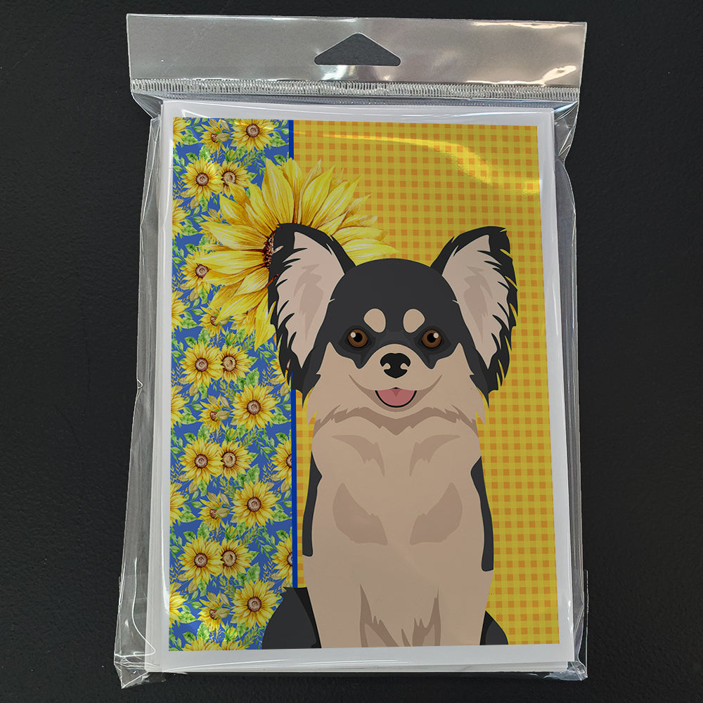 Summer Sunflowers Longhaired Black and White Chihuahua Greeting Cards Pack of 8 Blank Cards with Envelopes Whimsical A7 Size 5x7