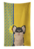 Summer Sunflowers Longhaired Black and White Chihuahua Kitchen Towel Velour Plush Front and Cotton Loop Back Machine Washable