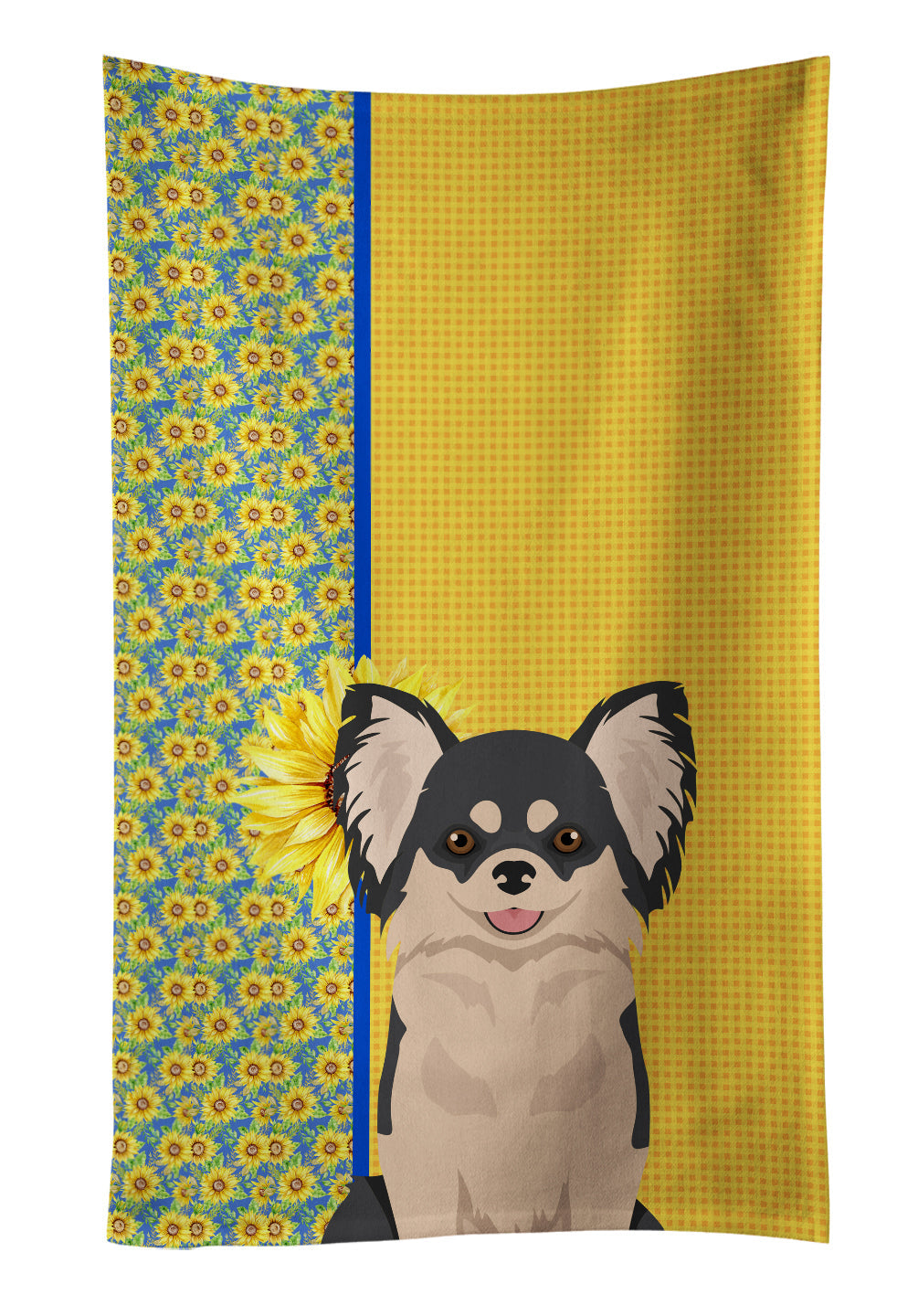 Summer Sunflowers Longhaired Black and White Chihuahua Kitchen Towel Velour Plush Front and Cotton Loop Back Machine Washable