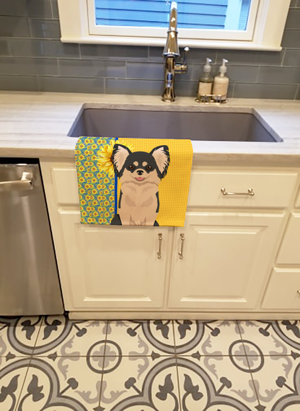 Summer Sunflowers Longhaired Black and White Chihuahua Kitchen Towel Velour Plush Front and Cotton Loop Back Machine Washable