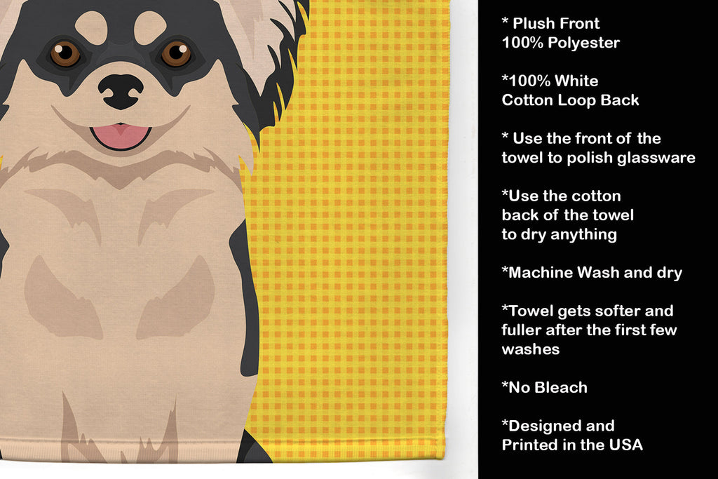 Summer Sunflowers Longhaired Black and White Chihuahua Kitchen Towel Velour Plush Front and Cotton Loop Back Machine Washable