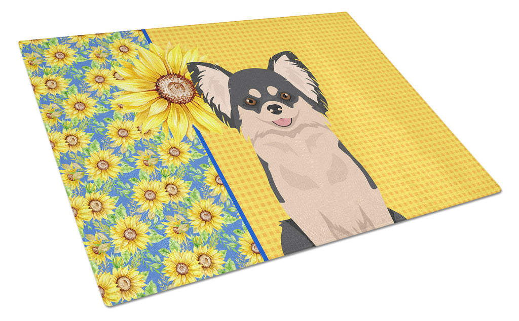 Summer Sunflowers Longhaired Black and White Chihuahua Cutting Board Tempered Glass Kitchen Cutting Surface, Heat Resistant Chopping, Non-Slip Feet, Food Prep & Serving