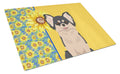Summer Sunflowers Longhaired Black and White Chihuahua Cutting Board Tempered Glass Kitchen Cutting Surface, Heat Resistant Chopping, Non-Slip Feet, Food Prep & Serving