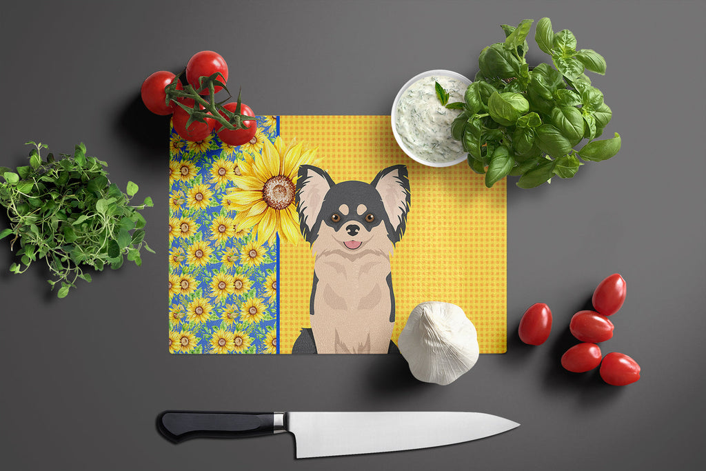 Summer Sunflowers Longhaired Black and White Chihuahua Cutting Board Tempered Glass Kitchen Cutting Surface, Heat Resistant Chopping, Non-Slip Feet, Food Prep & Serving