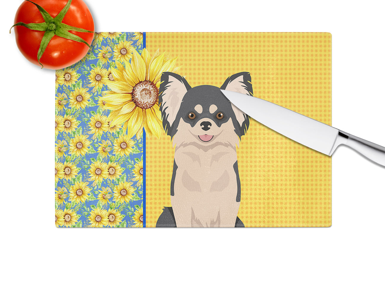 Summer Sunflowers Longhaired Black and White Chihuahua Cutting Board Tempered Glass Kitchen Cutting Surface, Heat Resistant Chopping, Non-Slip Feet, Food Prep & Serving