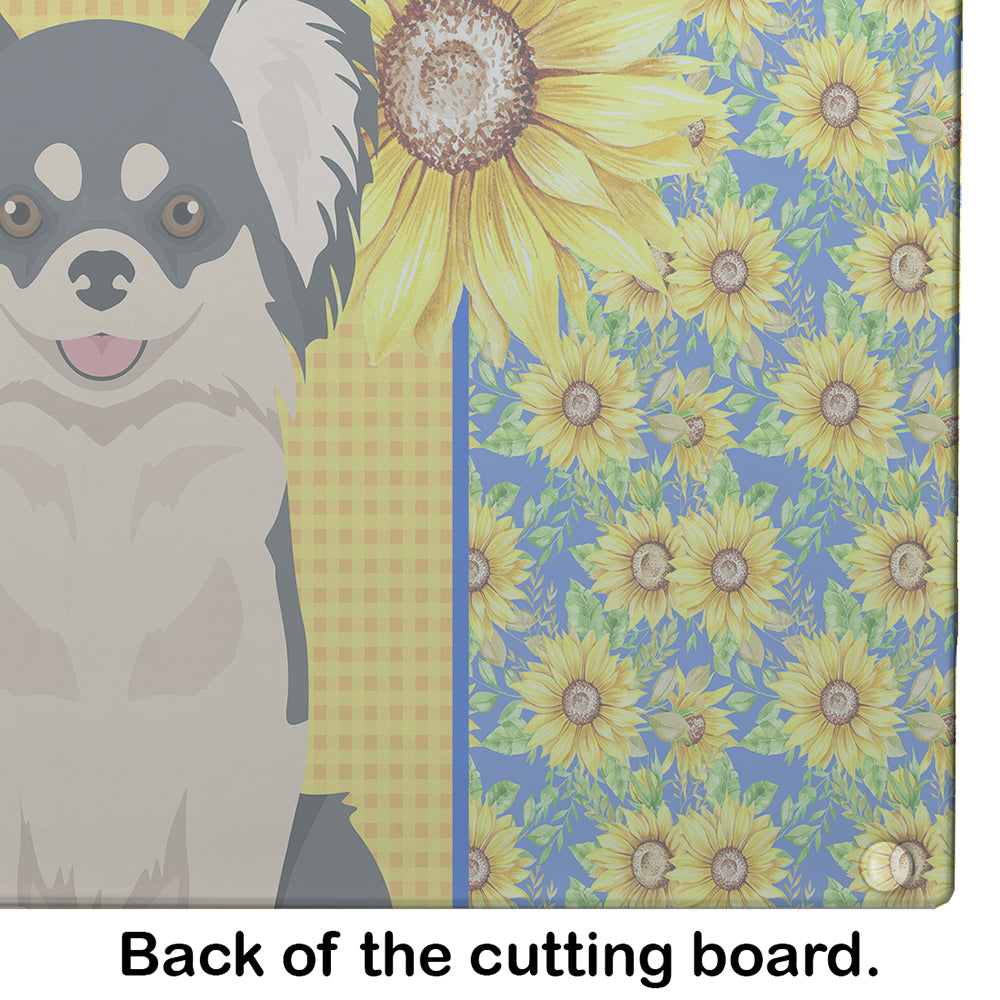 Summer Sunflowers Longhaired Black and White Chihuahua Cutting Board Tempered Glass Kitchen Cutting Surface, Heat Resistant Chopping, Non-Slip Feet, Food Prep & Serving