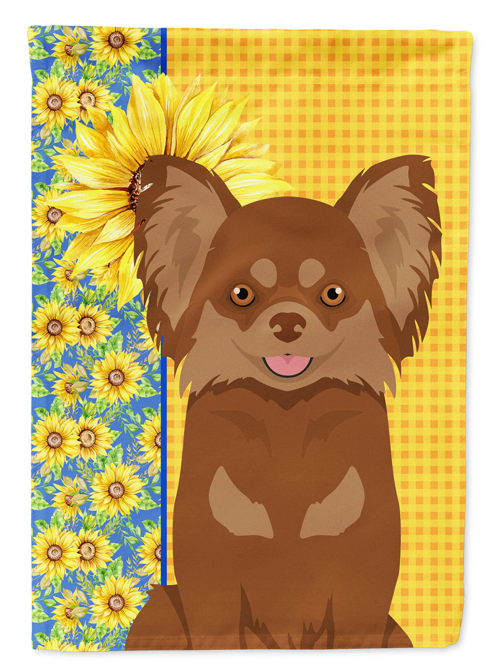 Summer Sunflowers Longhaired Chocolate and Tan Chihuahua House Flag 28x40 Porch Sleeve Pole Decorative Outside Yard Banner Artwork Wall Hanging, Polyester