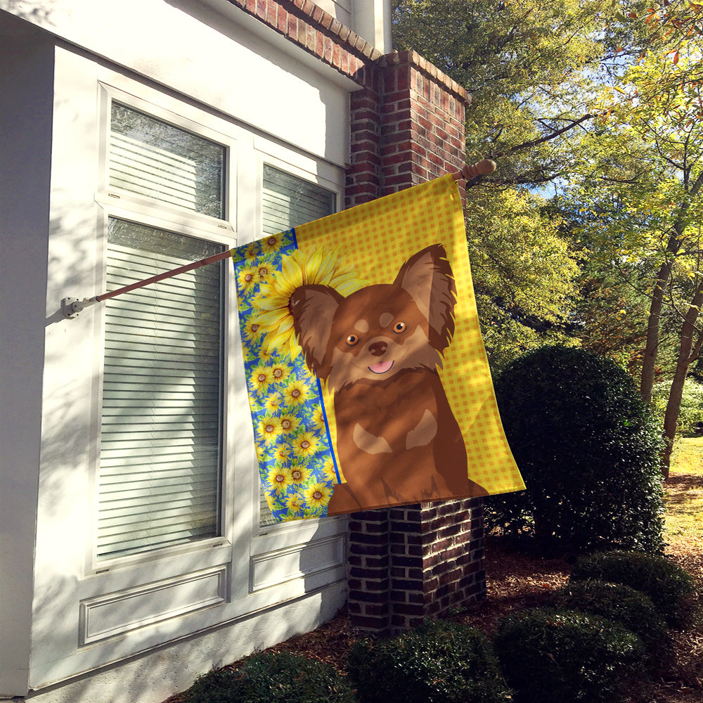 Summer Sunflowers Longhaired Chocolate and Tan Chihuahua House Flag 28x40 Porch Sleeve Pole Decorative Outside Yard Banner Artwork Wall Hanging, Polyester